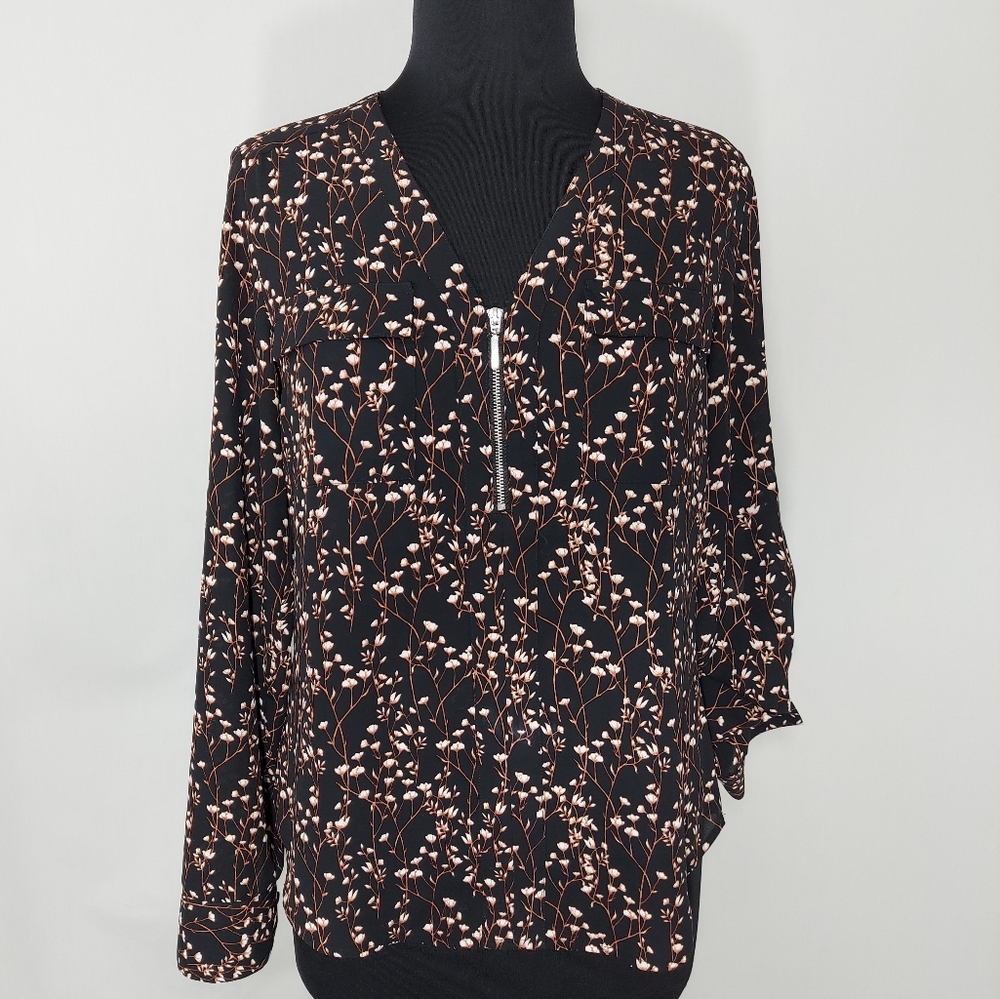 Express Top Blouse Floral Roll Tab Half Zip Small